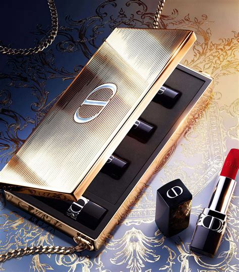 dior gold clutch with lipstick|Dior lipstick set with clutch.